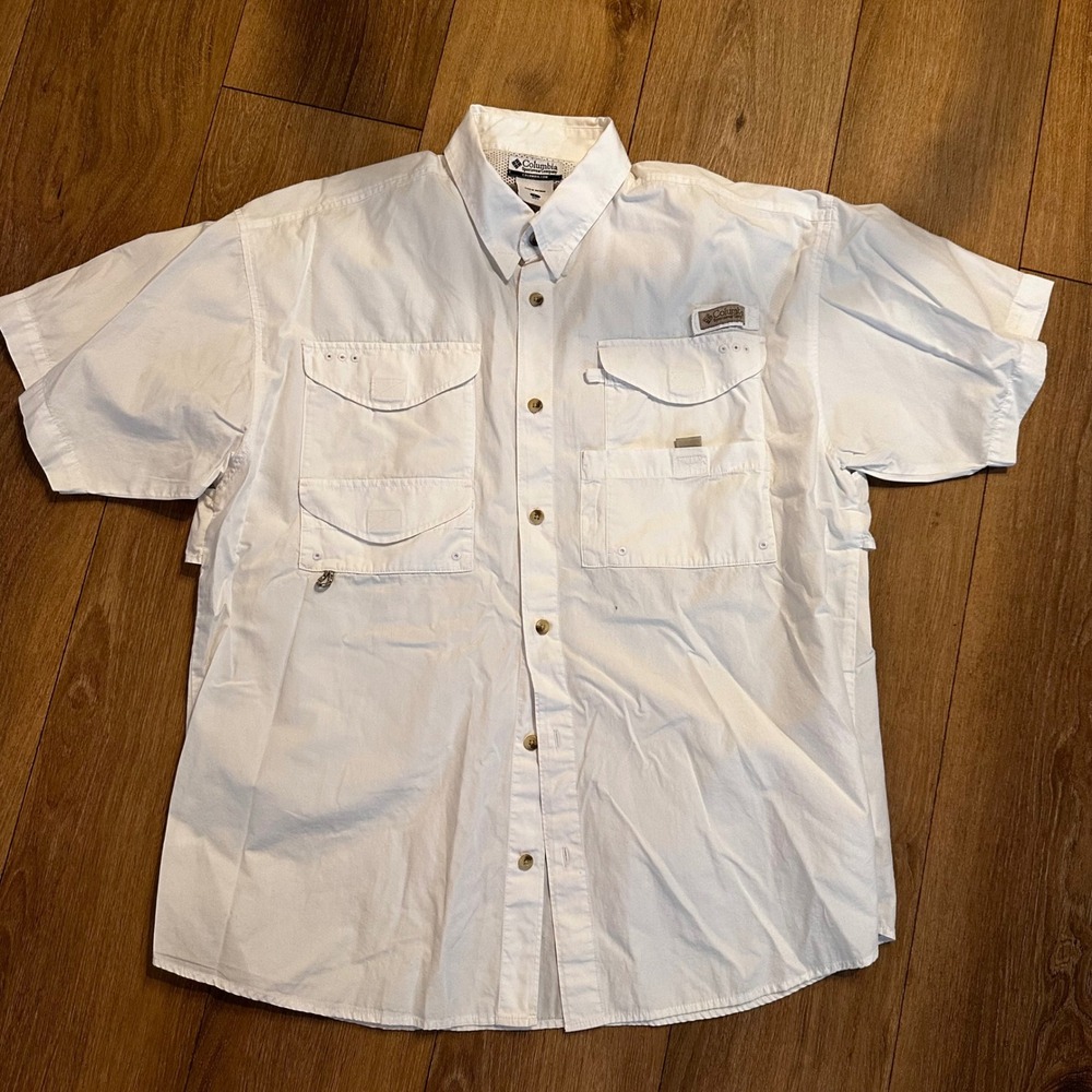 Columbia PFG Mens Large White S/S Fishing Shirt Ventilated Cotton Button